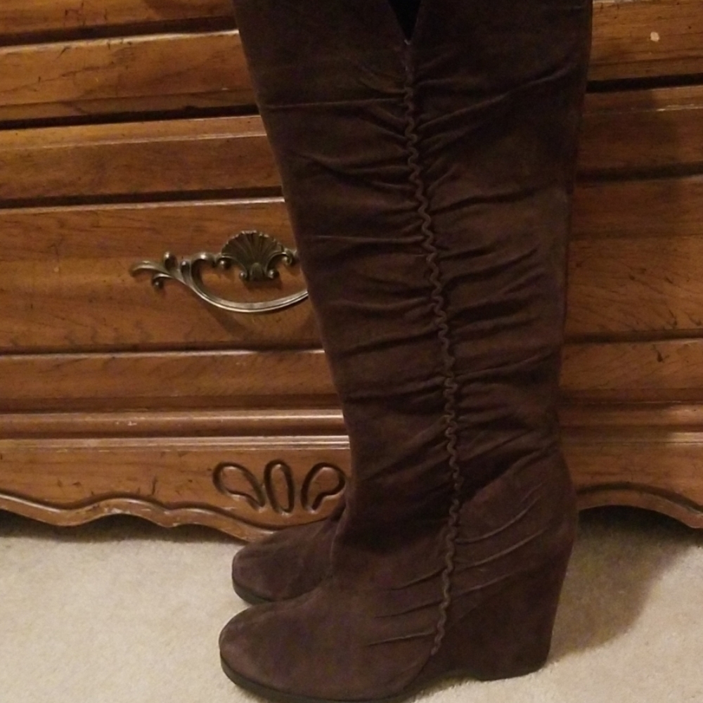 Mia Tall Brown Suede Wedge Boots